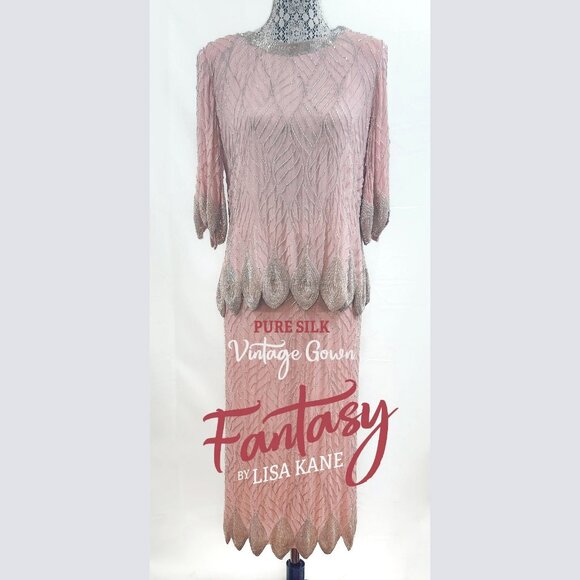 Fantasy by Lisa Kane, Silver-Beaded, Pink Pure Silk Chiffon Dress, Size 14-16 - Picture 2 of 14